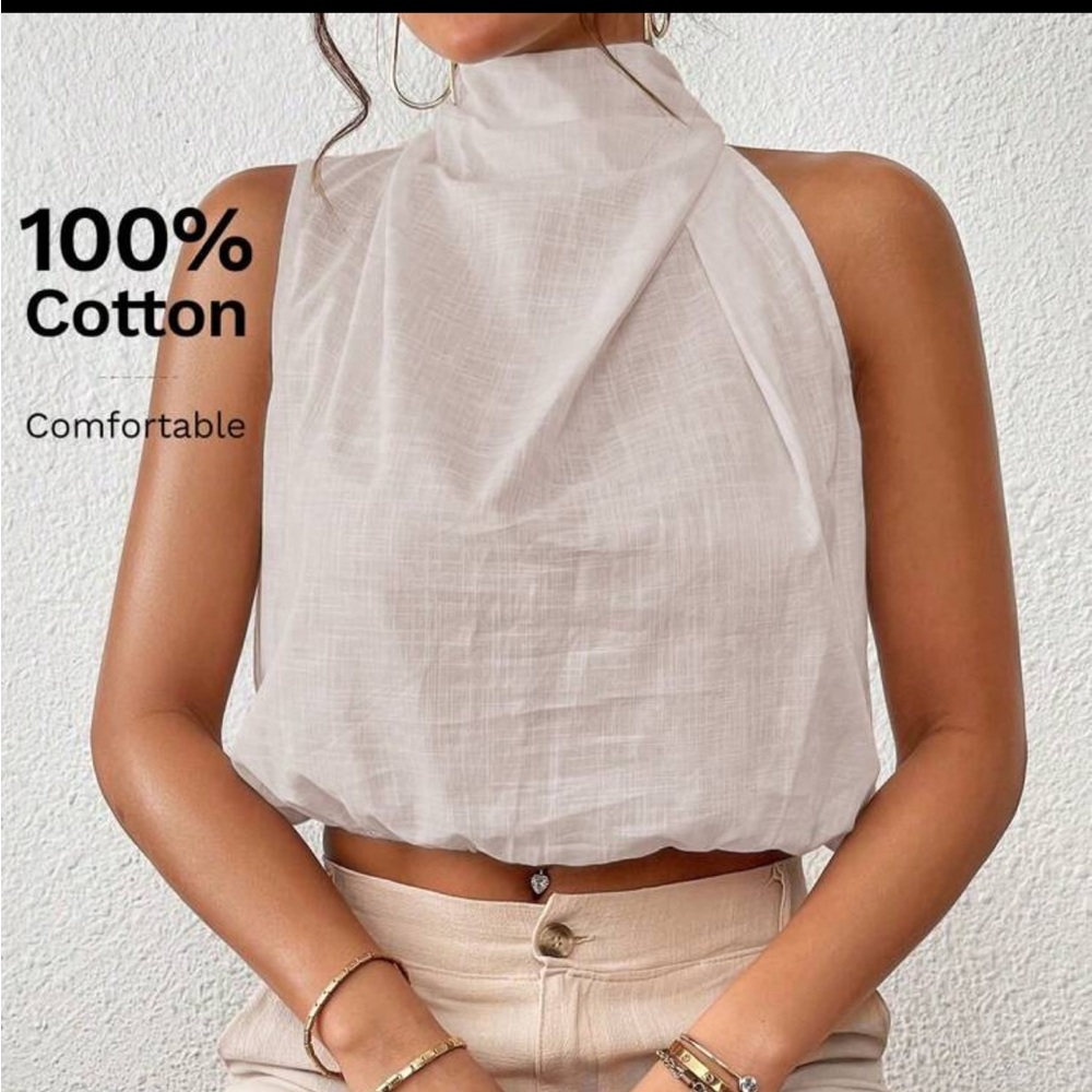 Sleeveless High-Neck Cotton Crop Top - White